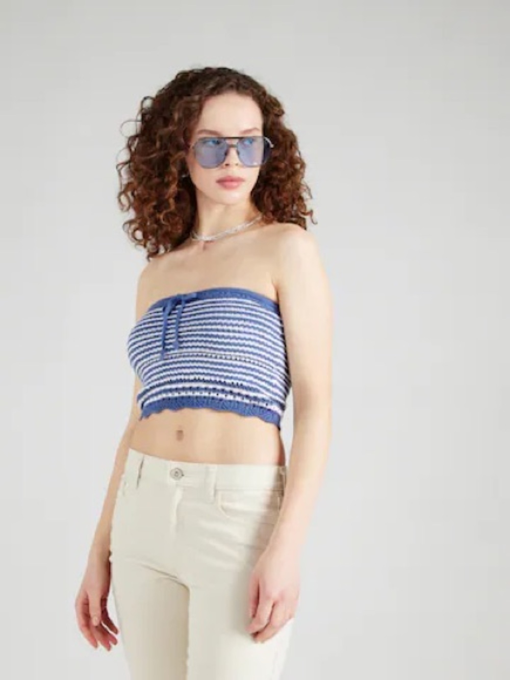 Hollister Crochet Blue White Striped Smocked Crop Tank Tube Top Tie Bow Size L